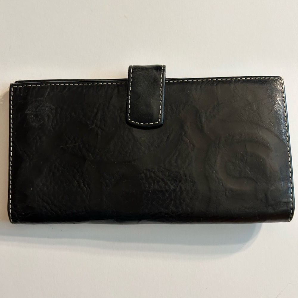 TUSK GENUINE LEATHER BLACK WITH OLIVE AND PINK LINING SNAP OVER CLOSURE WALLET